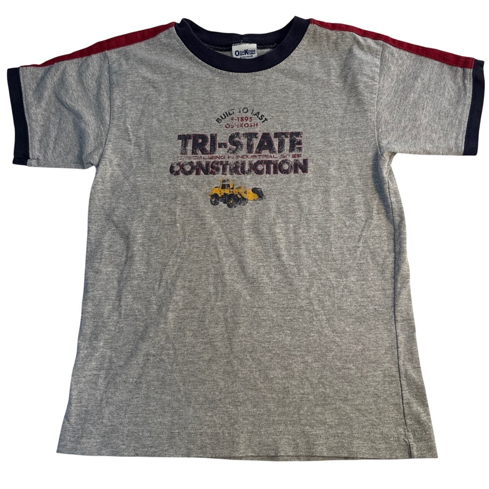 Vintage 90s Oshkosh B'gosh Boys Construction Gray T Shirt Size 7 Summer